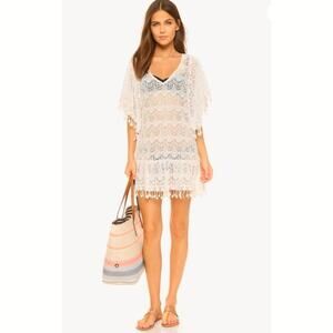 Eberjey Free Spirit Melena Crochet Lace Batwing Fringe Trim Ivory Cover Up S-M